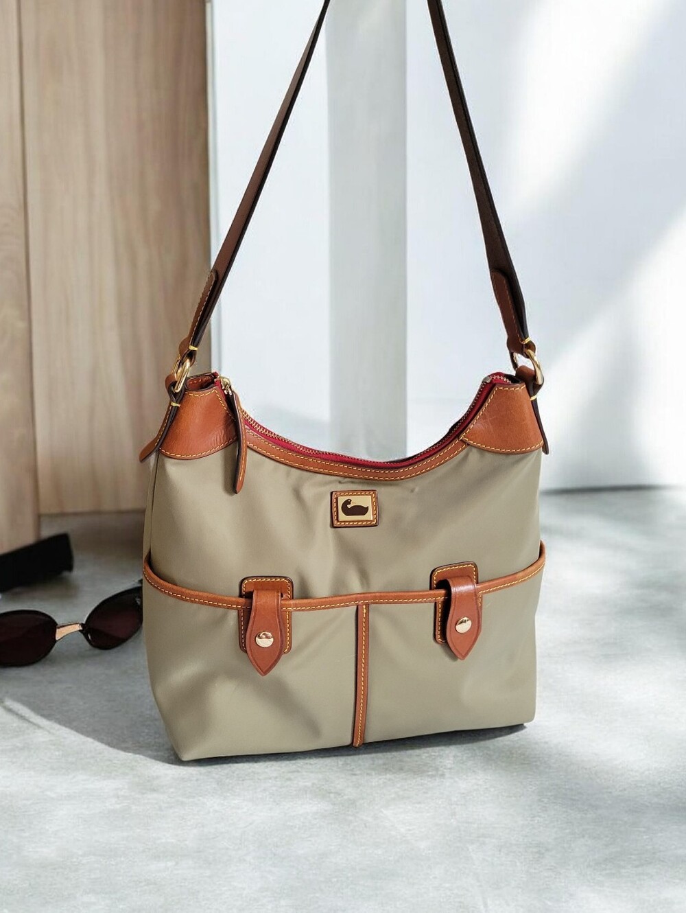 Dooney & Bourke Nylon Khaki Olive Green W/Carmel Leather Trim Hobo Shoulder Bag